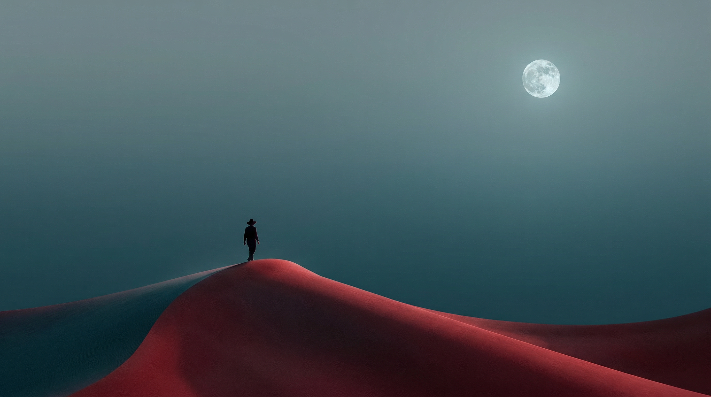 Silhouette on Red Dunes Under Full Moon