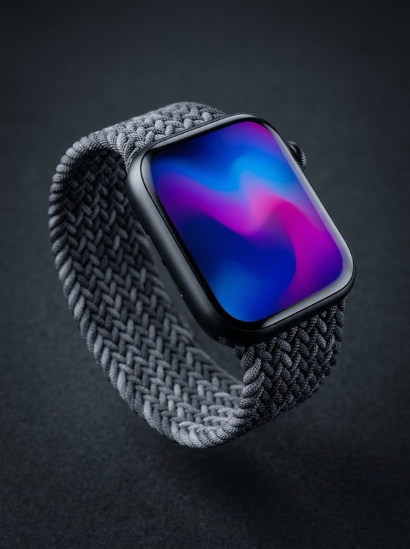 Smartwatch with woven band on dark background