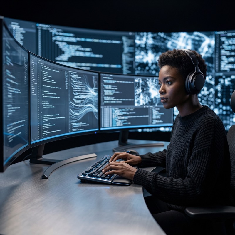 Software developer coding on multi-monitor workstation