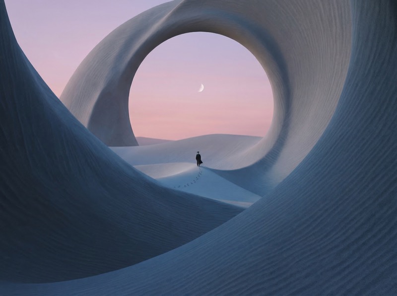 Solitary figure in surreal desert arch at dusk