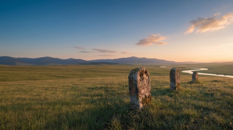 Standing Stones in Open Grassland at Sunset