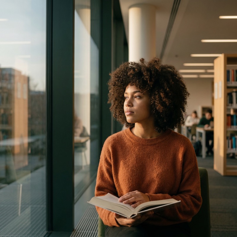 Student reading by window in modern library