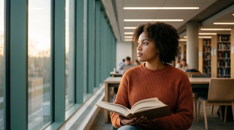 Student reading in library by large window