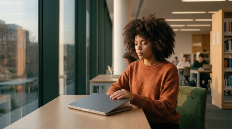 Student with laptop in sunlit library