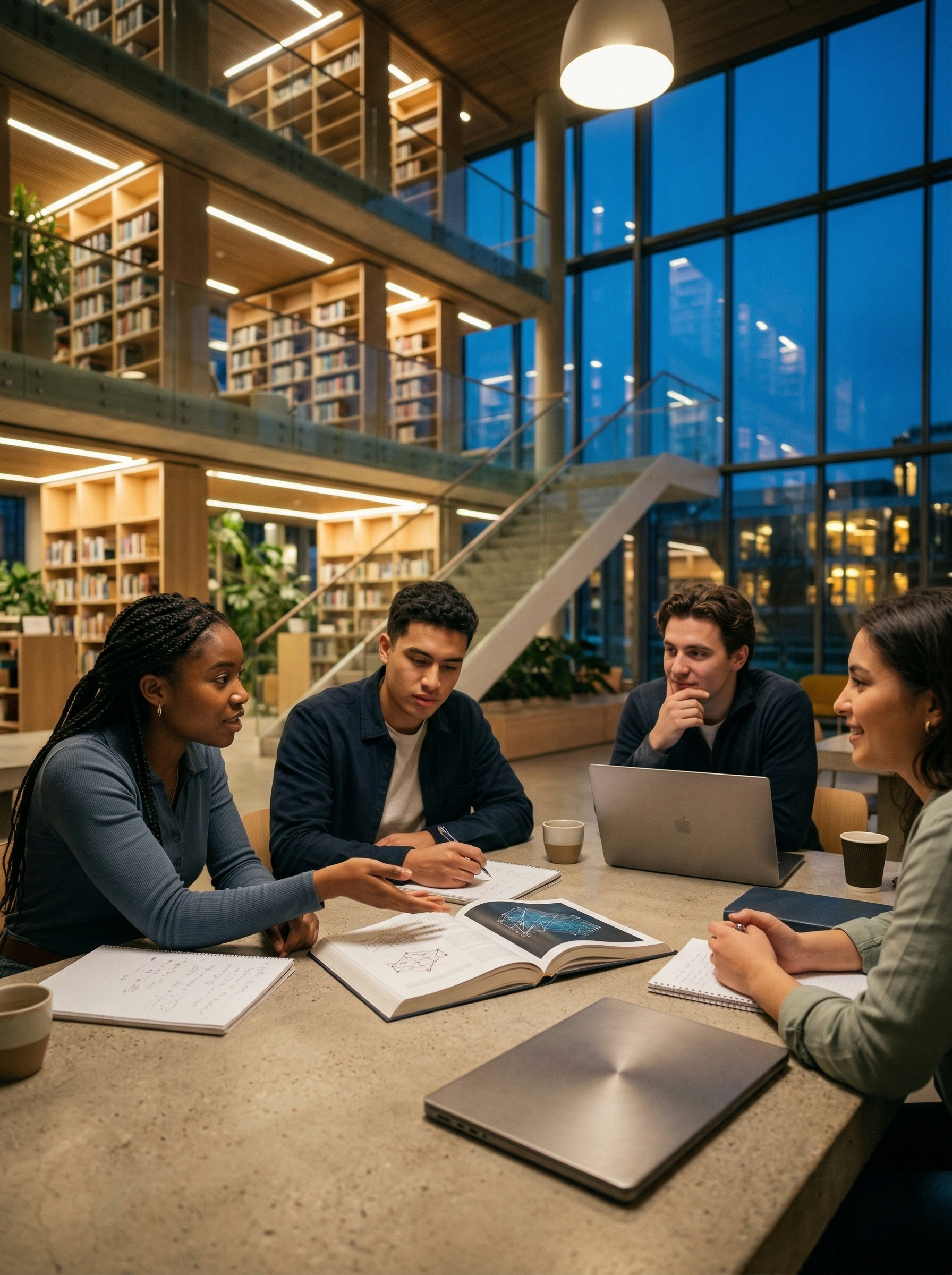 Students collaborating in modern library at night