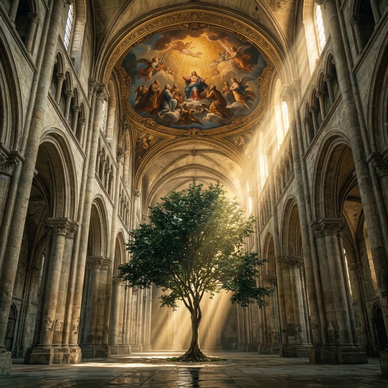 Sunlit Tree Inside Cathedral Nave