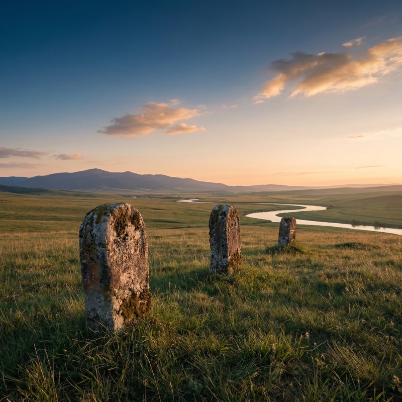Sunset Valley with Standing Stones and River