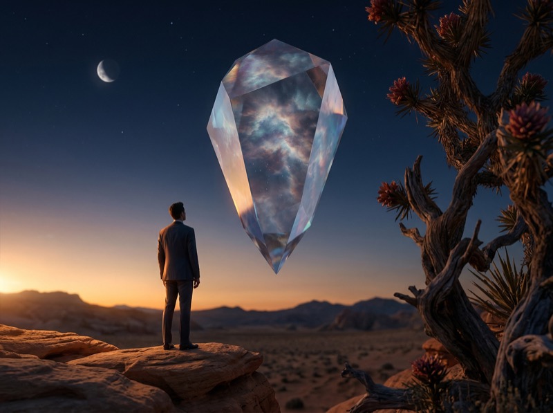 Surreal crystal with galaxy over desert at dusk