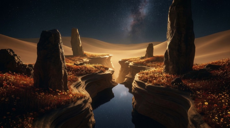Surreal Desert Canyon Under a Starry Night Sky