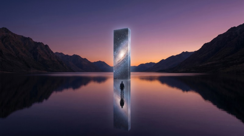Surreal Galaxy Monolith in Mountain Lake at Dusk