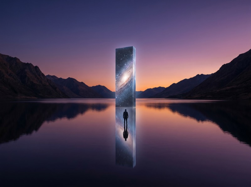 Surreal monolith portal over reflective lake at dusk
