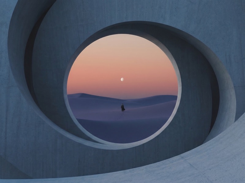 Surreal portal framing lone figure in desert