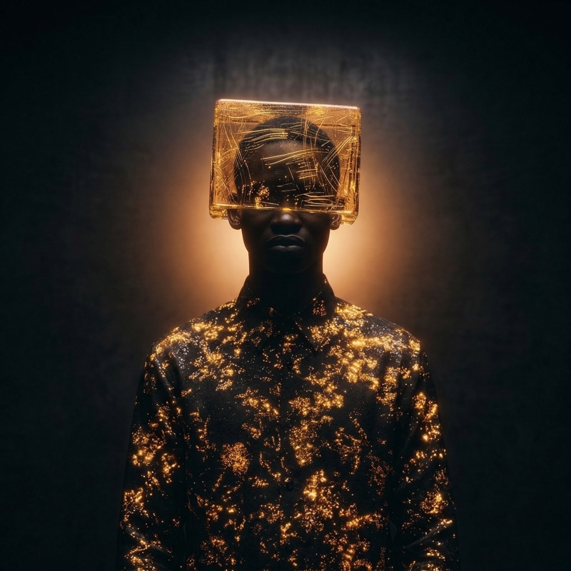 Surreal Portrait with Glowing Golden Visor