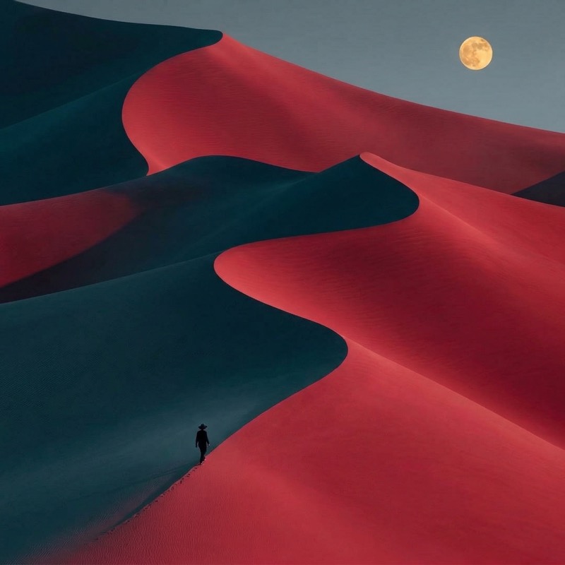 Surreal Red and Teal Desert Dunes at Moonrise