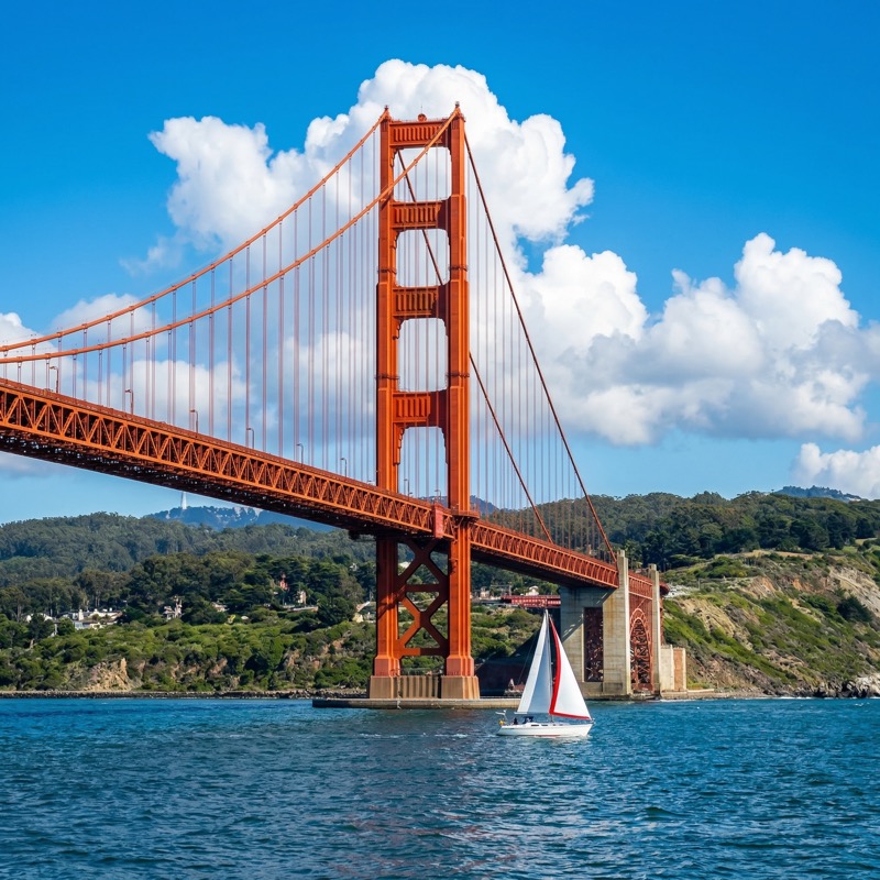 Suspension bridge cables over bay with sailboat - Image 2