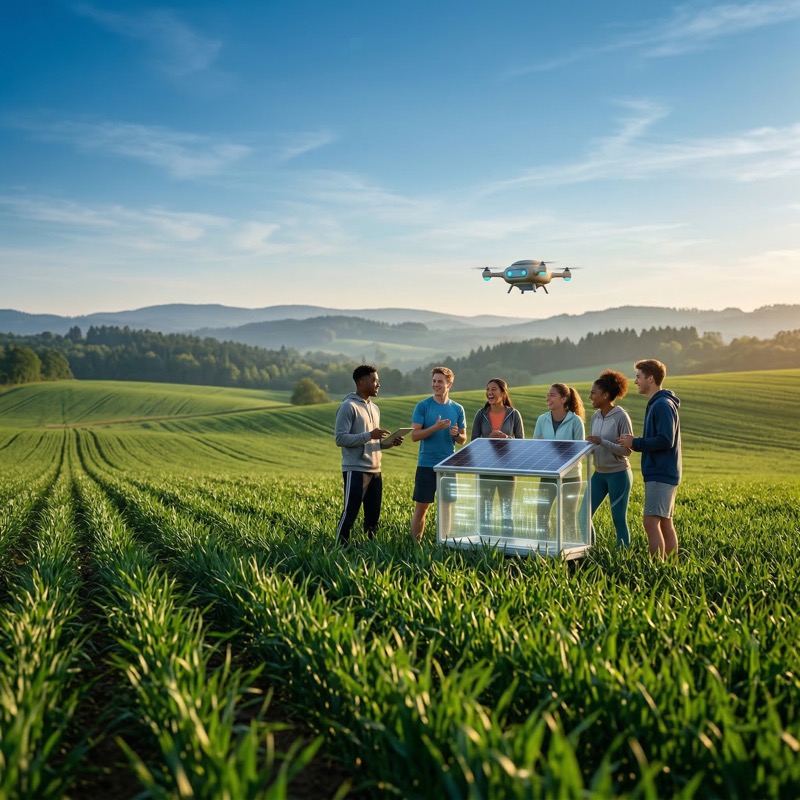 Team reviewing solar tech in a farm field with drone