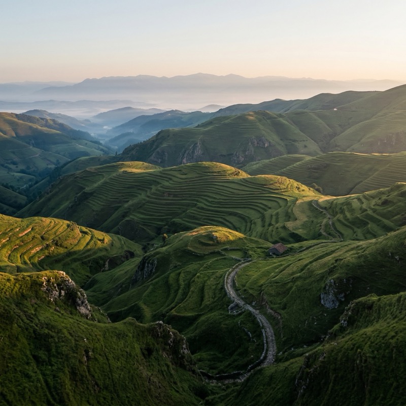 Cinematic Golden Hour Aerial Landscape Of Rolling Terraced Green Hills With A