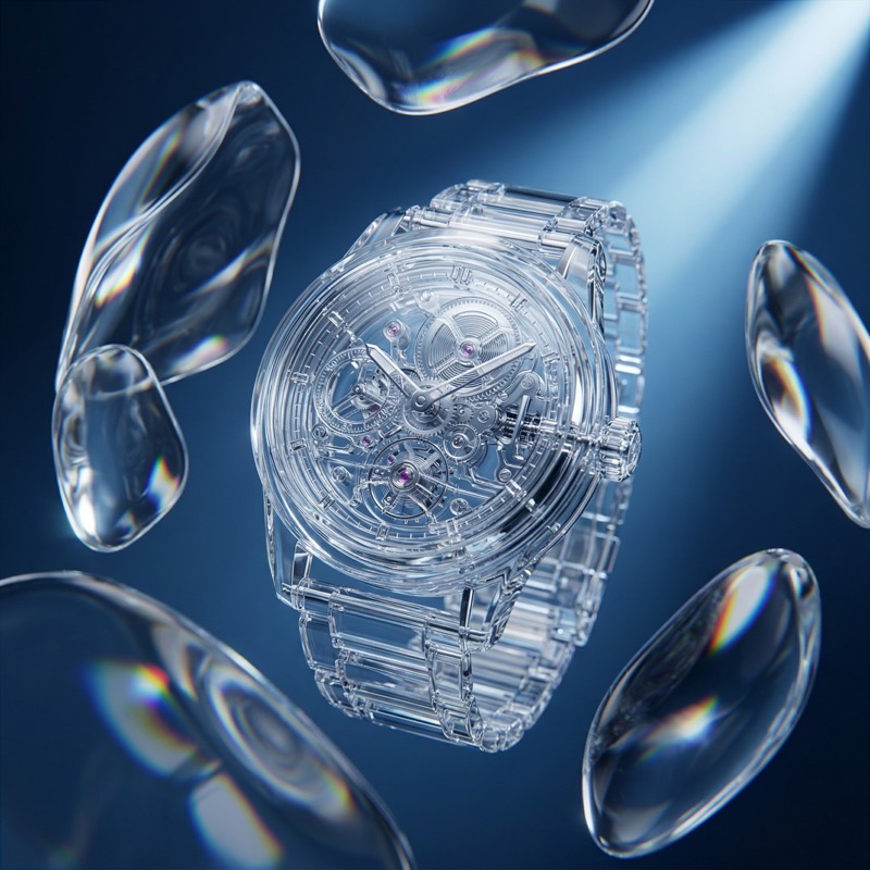 Transparent mechanical watch with floating crystals