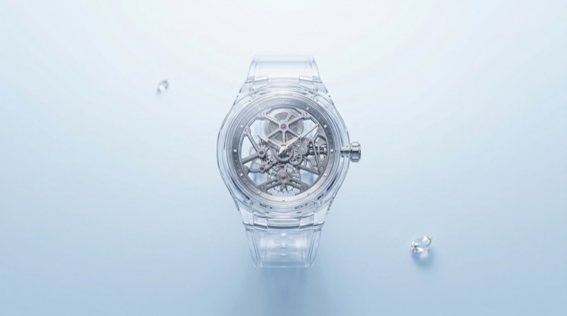Transparent Skeleton Mechanical Watch on Blue