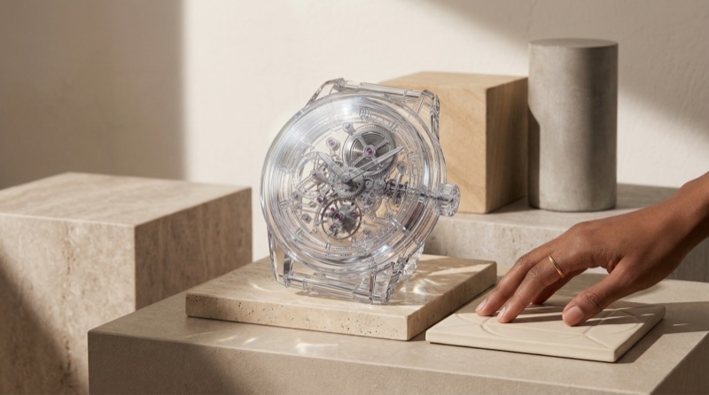 Transparent skeleton watch on stone pedestal
