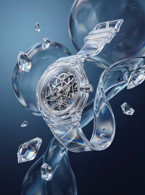 Transparent skeleton watch with floating crystals