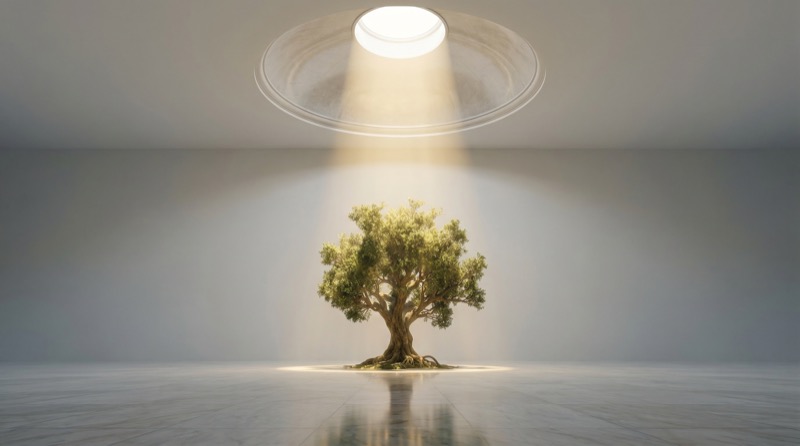Tree Under Spotlight in Minimalist Studio