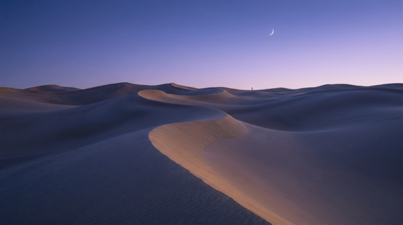 Twilight Desert Dunes Under Crescent Moon