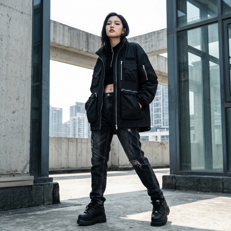 Urban fashion portrait on rooftop in black outfit