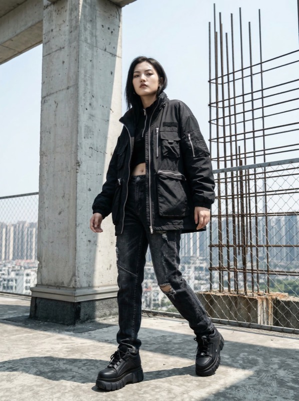 Urban rooftop fashion portrait in black streetwear