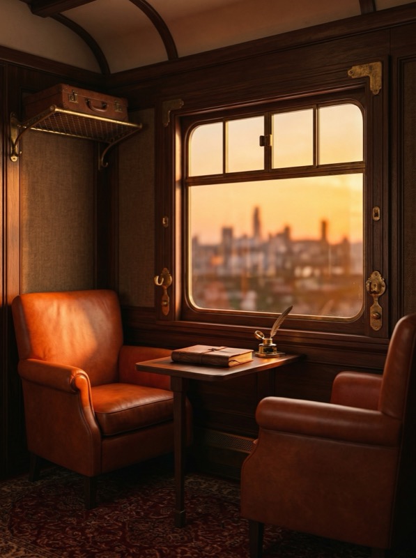 Vintage Luxury Train Carriage Interior At Golden Hour