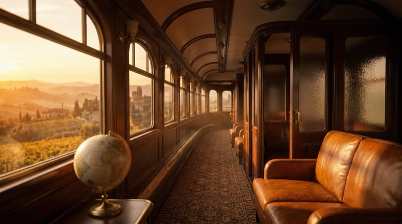 Vintage Luxury Train Carriage Interior At Golden Hour