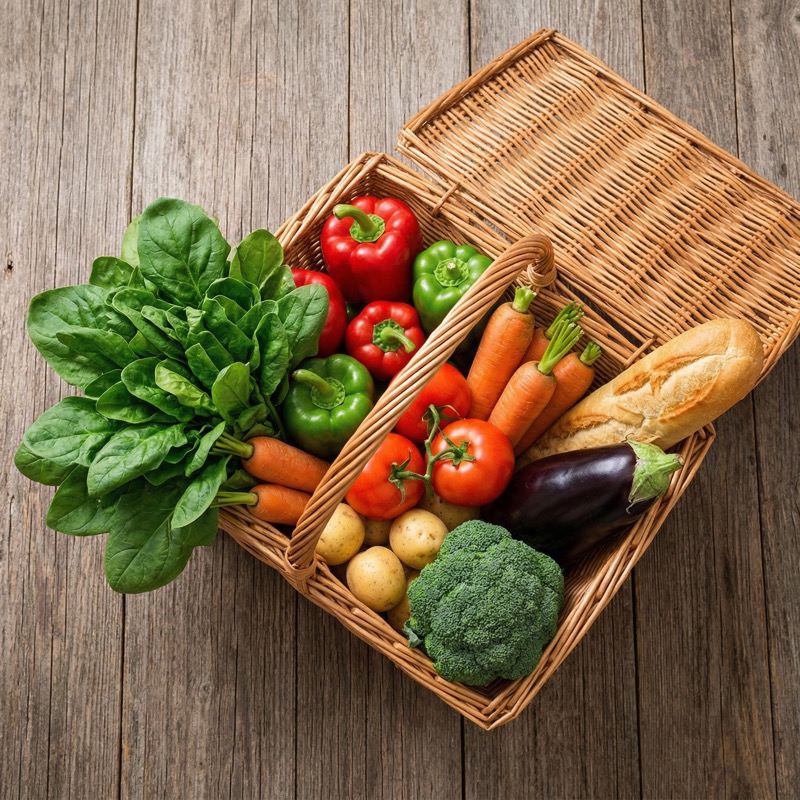 Wicker basket of fresh vegetables and bread