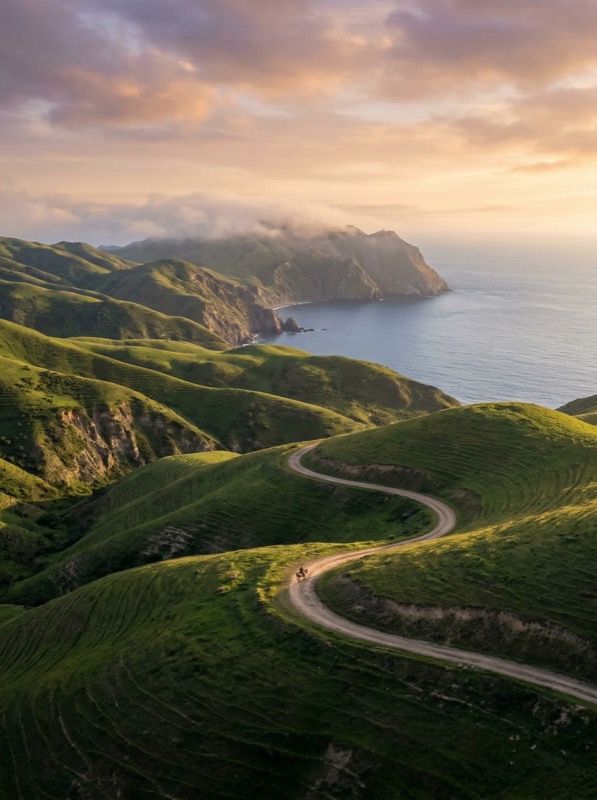 Cinematic Golden Hour Aerial Landscape Of Rolling Terraced Green Hills With A