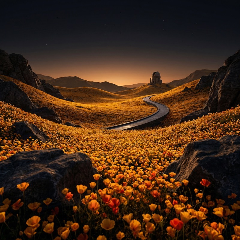 Winding Road Through Golden Wildflower Valley
