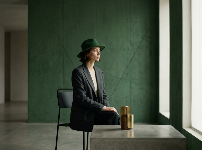 Photoreal Modern Editorial Fashion Portrait In A Minimalist Architectural Interior