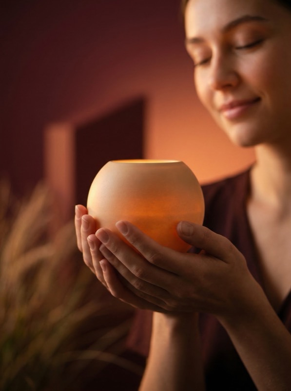 Woman holding glowing candle bowl in warm light