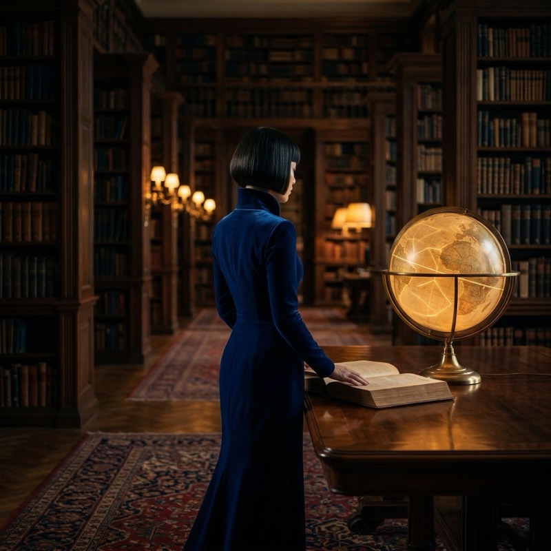 Woman in library beside glowing globe and book