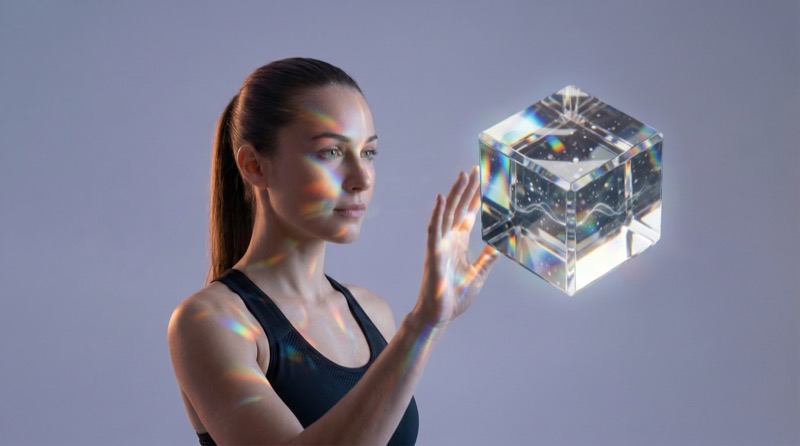Woman interacting with floating glass prism cube