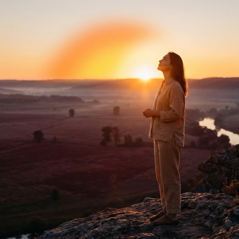 Woman on cliff at sunrise over misty valley