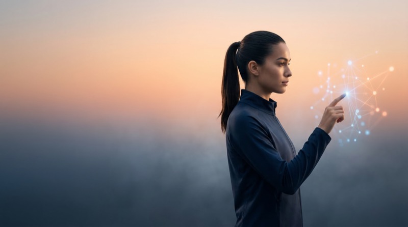 Woman Touching Digital Network Interface at Dusk