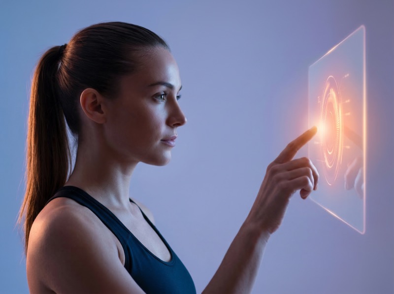 Woman using futuristic holographic touchscreen