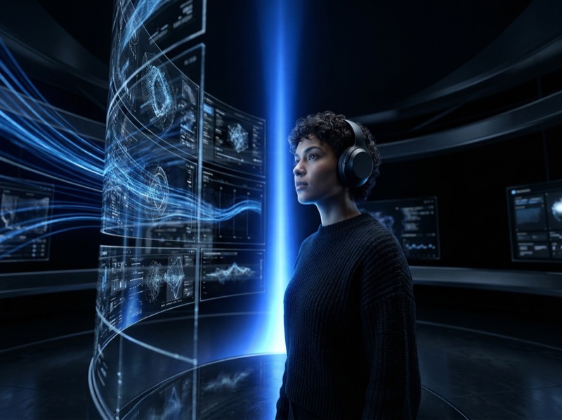 Woman with headphones viewing holographic data