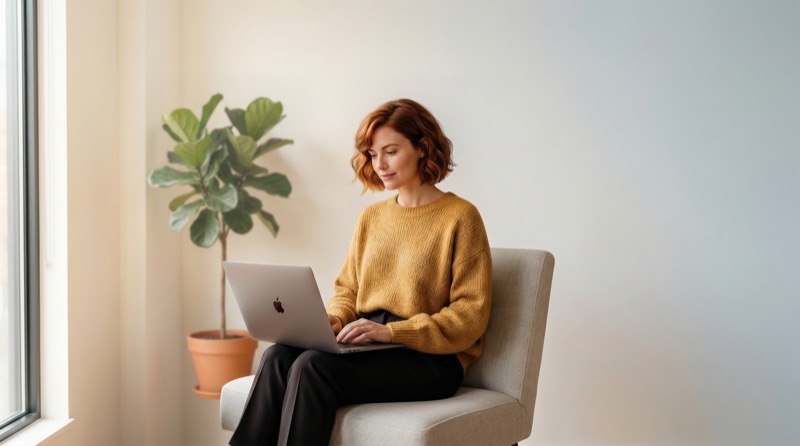 Woman working on laptop in bright minimalist room