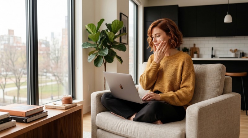 Woman working on laptop in modern apartment