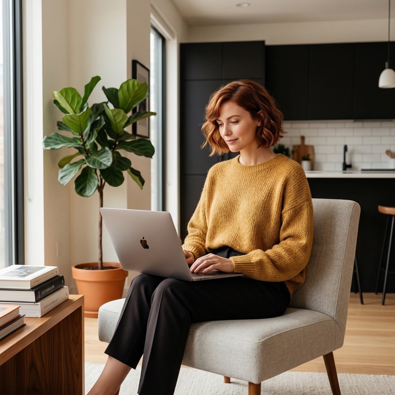 Woman working on laptop in modern home office