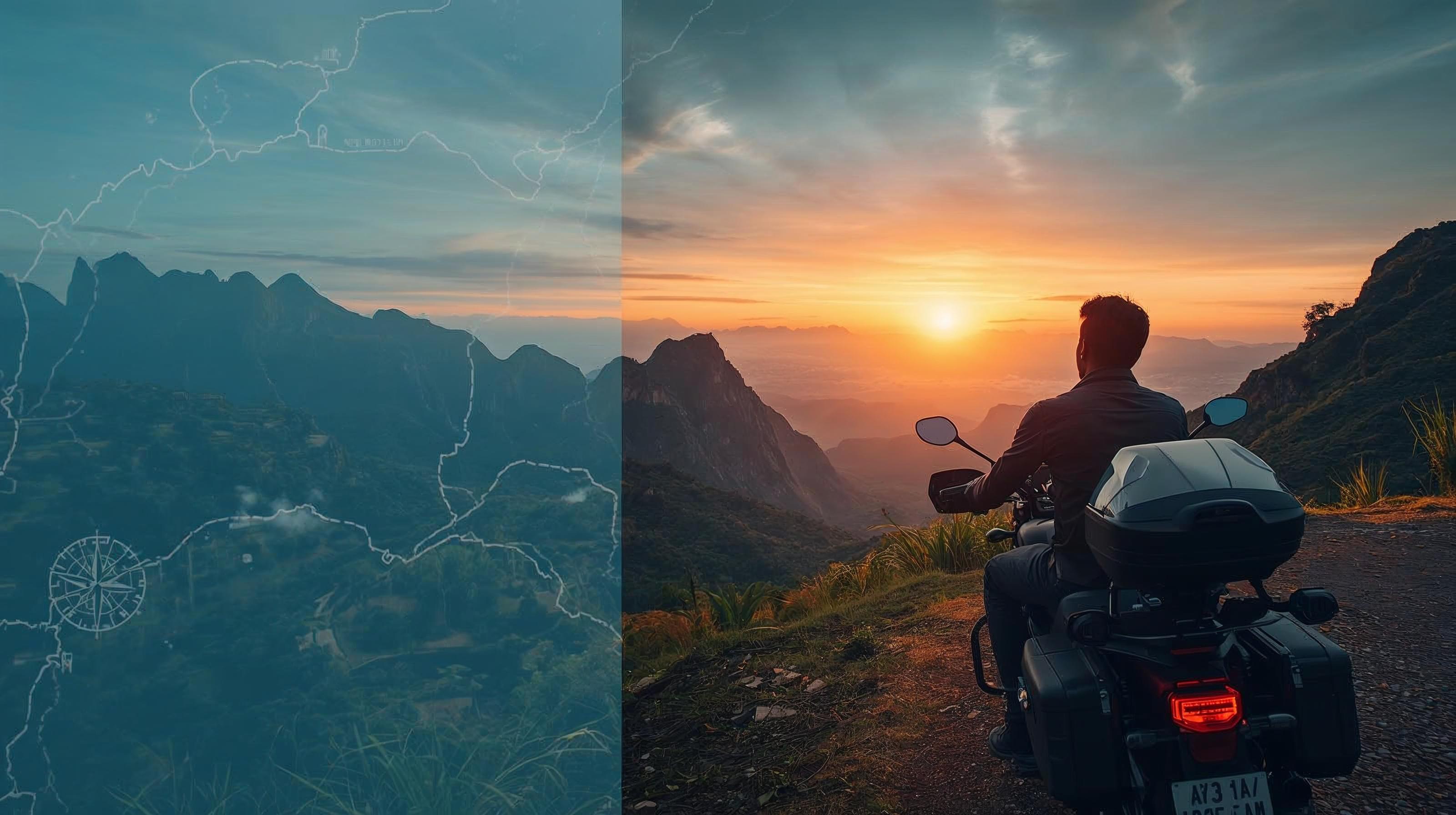 A motorcycle on a scenic mountain road at sunset