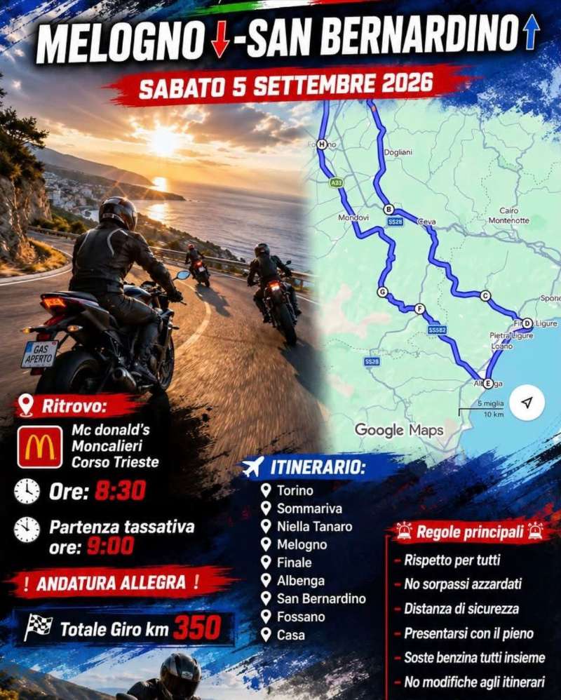 Giro Melogno - San Bernardino 2026 · Moncalieri (Torino) / Riviera Ligure / Fossano (Cuneo), Piemonte, Italia | Quedada motera — Kando Riders