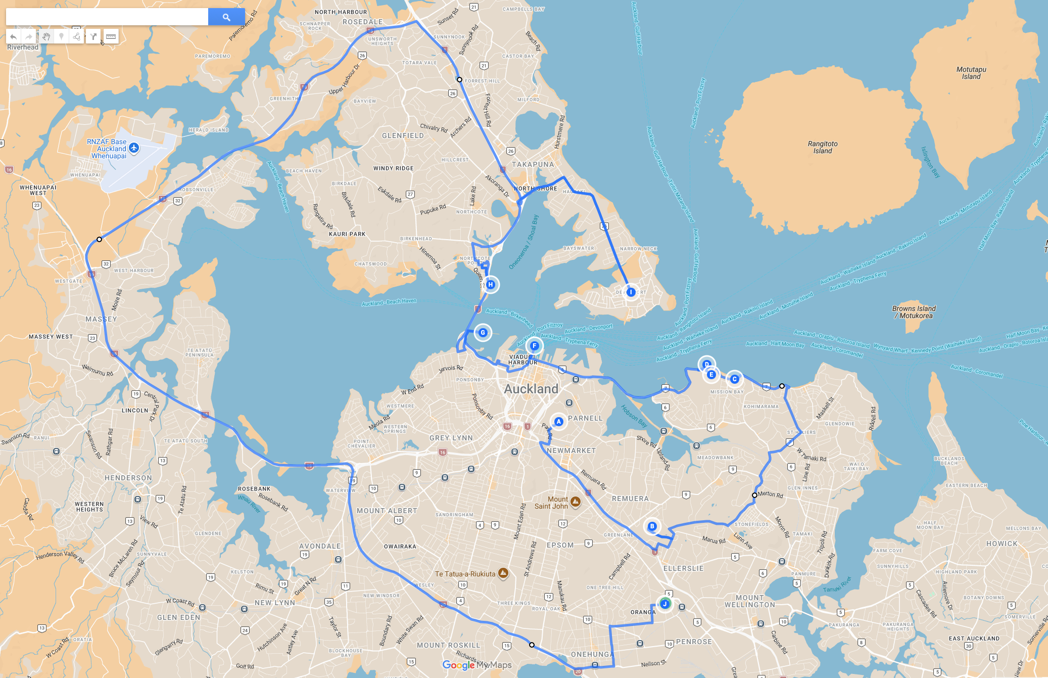 Half-day Auckland driving route map