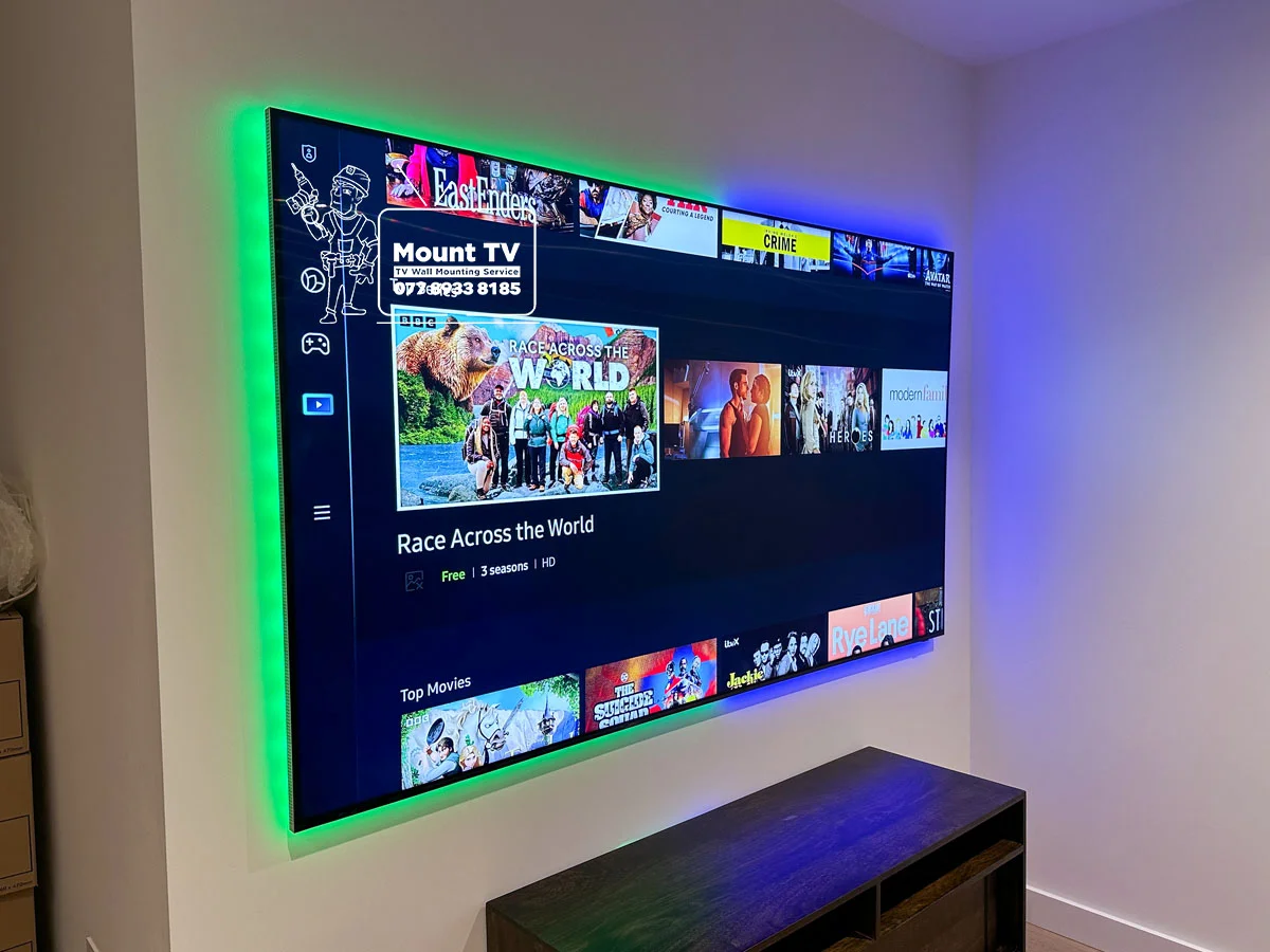 75" Samsung QLED TV installation — second angle, Bow London