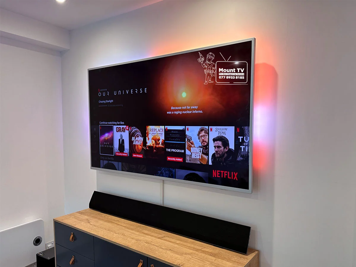 65" Philips ambient light TV installation — second angle, Stepney Green